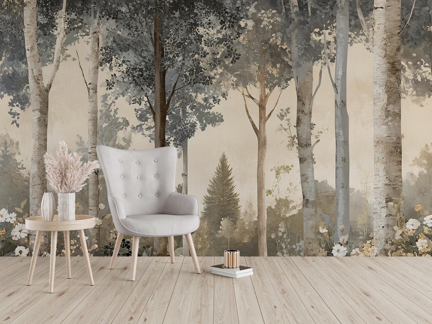 Forest Wall Mural – Neutral Tree Wallpaper, Scandinavian Nature Wall Art, Large Woodland Removable Mural Vn248