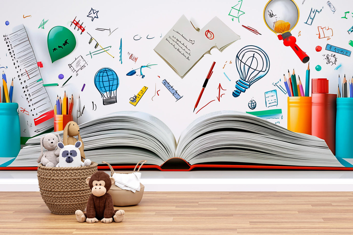 Educational Kids Wall Mural | Creative Study Room Decor | Open Book Art Print for Playroom or Bedroom Vn414