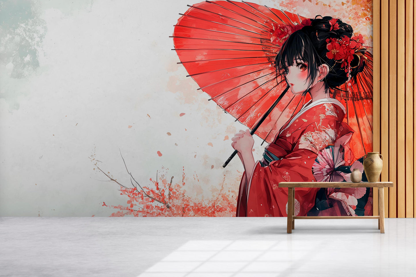 Elegant Japanese Girl Wall Mural - Red Kimono Art, Anime Style Room Decor Vn352