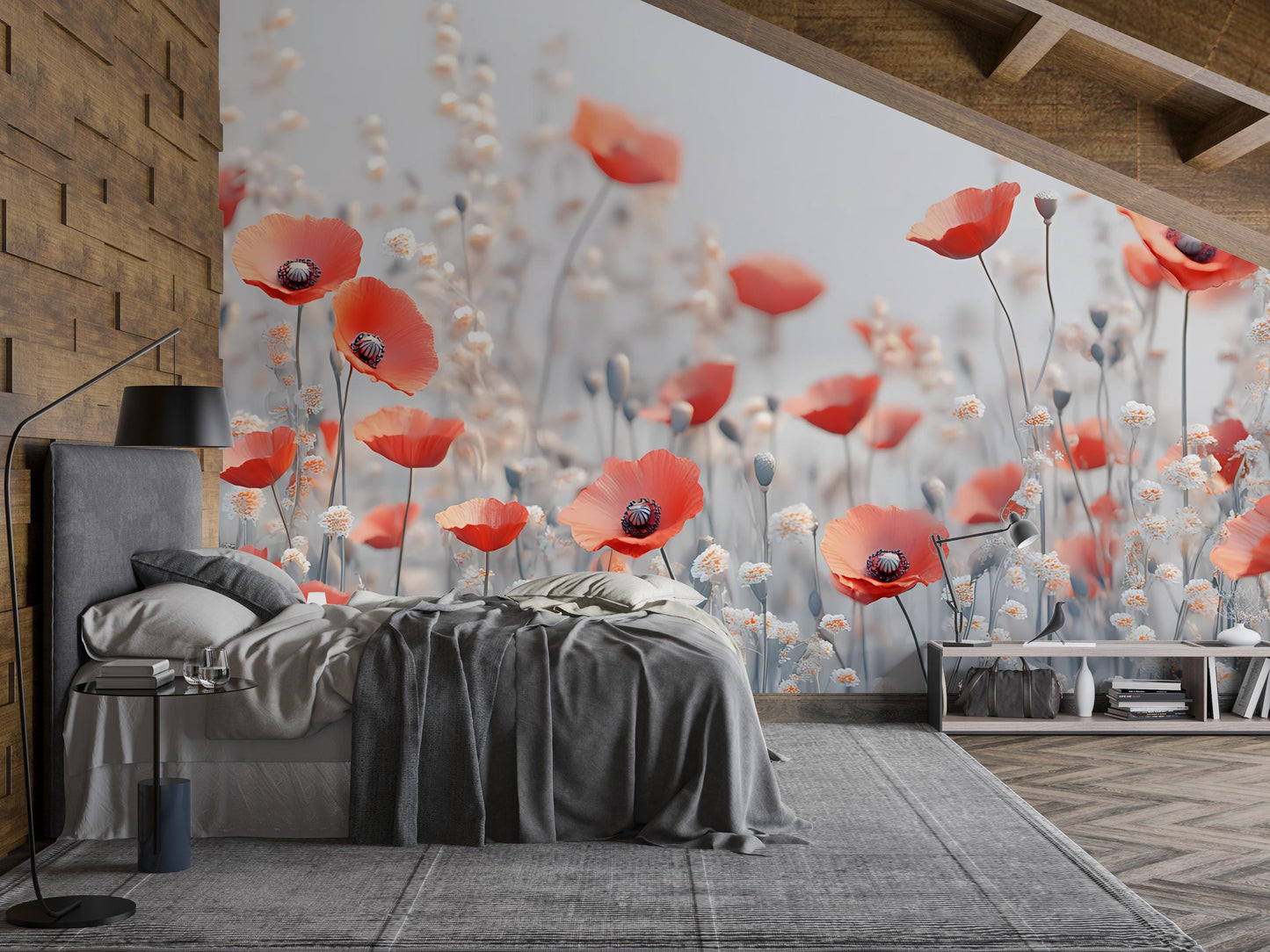 Red Poppy Flower Wall Mural | Modern Floral Bedroom Wallpaper | Botanical Large-Scale Peel & Stick Mural Vn334