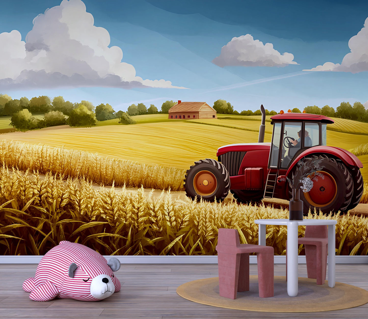 Farm Tractor Wall Mural – Kids Room Wheat Field Scene Vn315