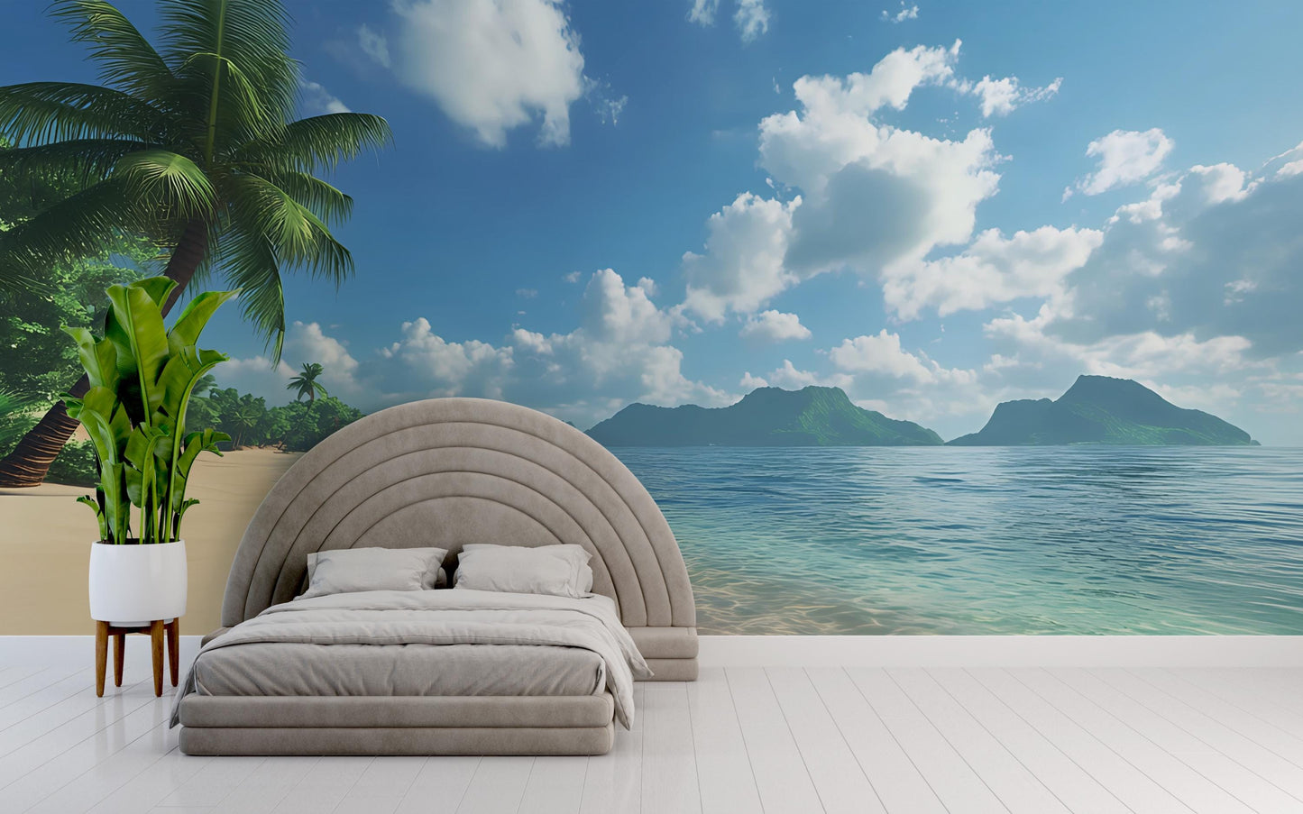Tropical Beach Wall Mural – Ocean View Wallpaper for Bedroom, Palm Tree Seaside Wall Decor, Coastal Landscape Accent Vn285
