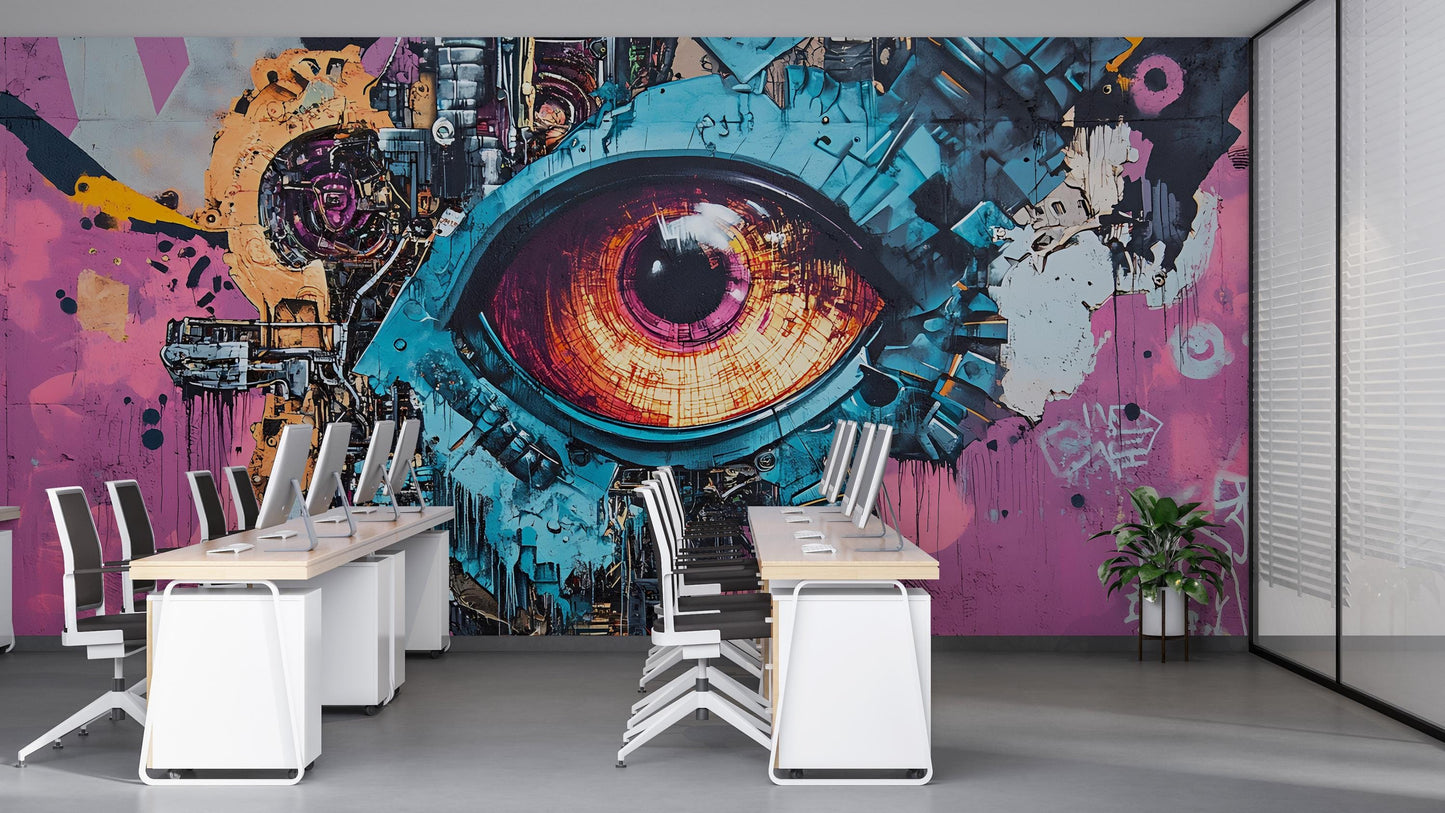 Cyberpunk Eye Wall Mural, Graffiti Tech Art Wallpaper, Futuristic Industrial Office Decor, Modern Creative Workspace Accent Wall Vn204