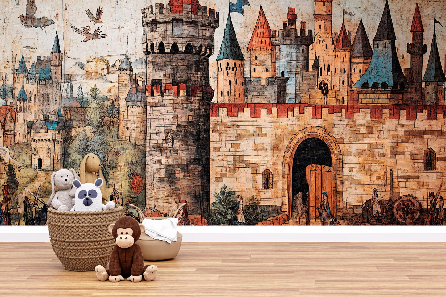 Medieval Castle Wall Mural for Kids Room – Fantasy Fairytale Tapestry Wallpaper – Boys & Girls Nursery Decor – Removable Wall Art Vn186
