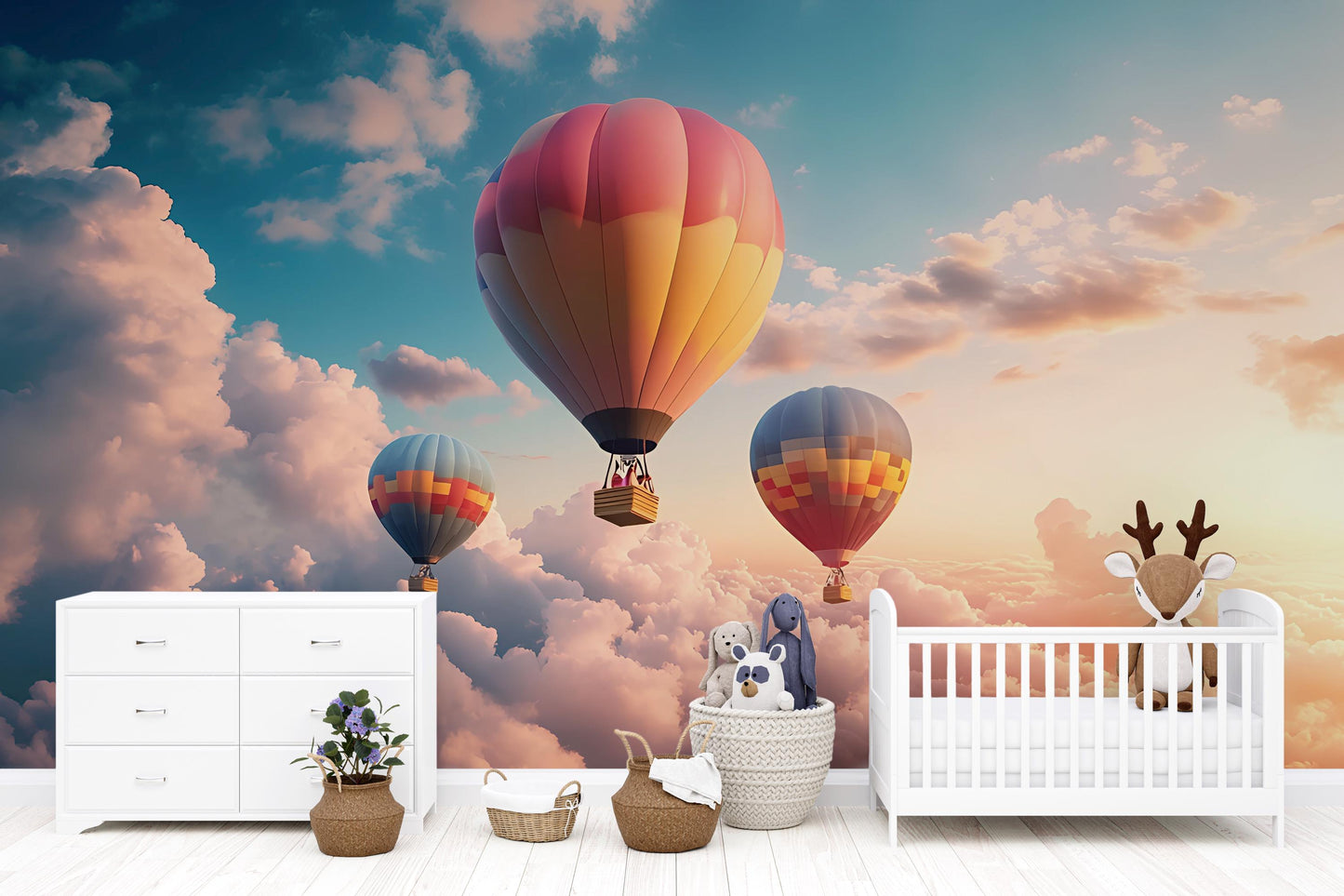 Hot Air Balloon Wall Mural for Kids Room – Dreamy Sky Nursery Wallpaper – Whimsical Cloud Backdrop – Baby Room Wall Decor Vn258