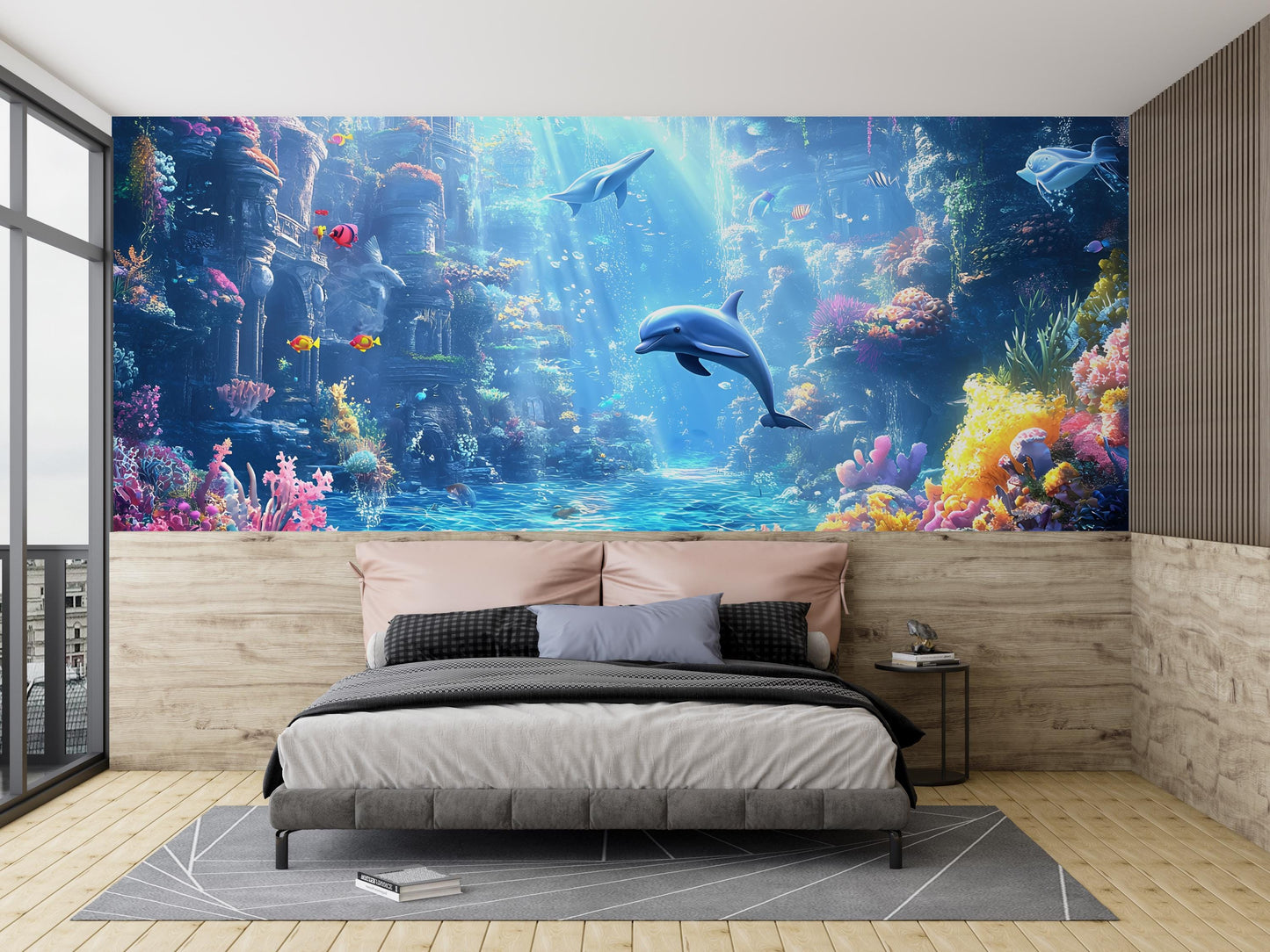 Underwater Ocean Wall Mural, 3D Dolphin Coral Reef Wallpaper, Kids Room Sea Decor Vn254