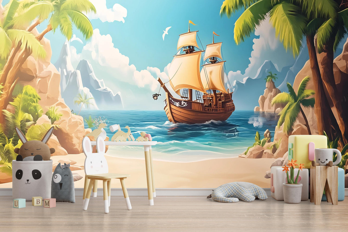 Pirate Ship Wall Mural for Kids Room – Nautical Ocean Adventure Theme Wallpaper – Boys Nursery or Playroom Art Décor Vn 306
