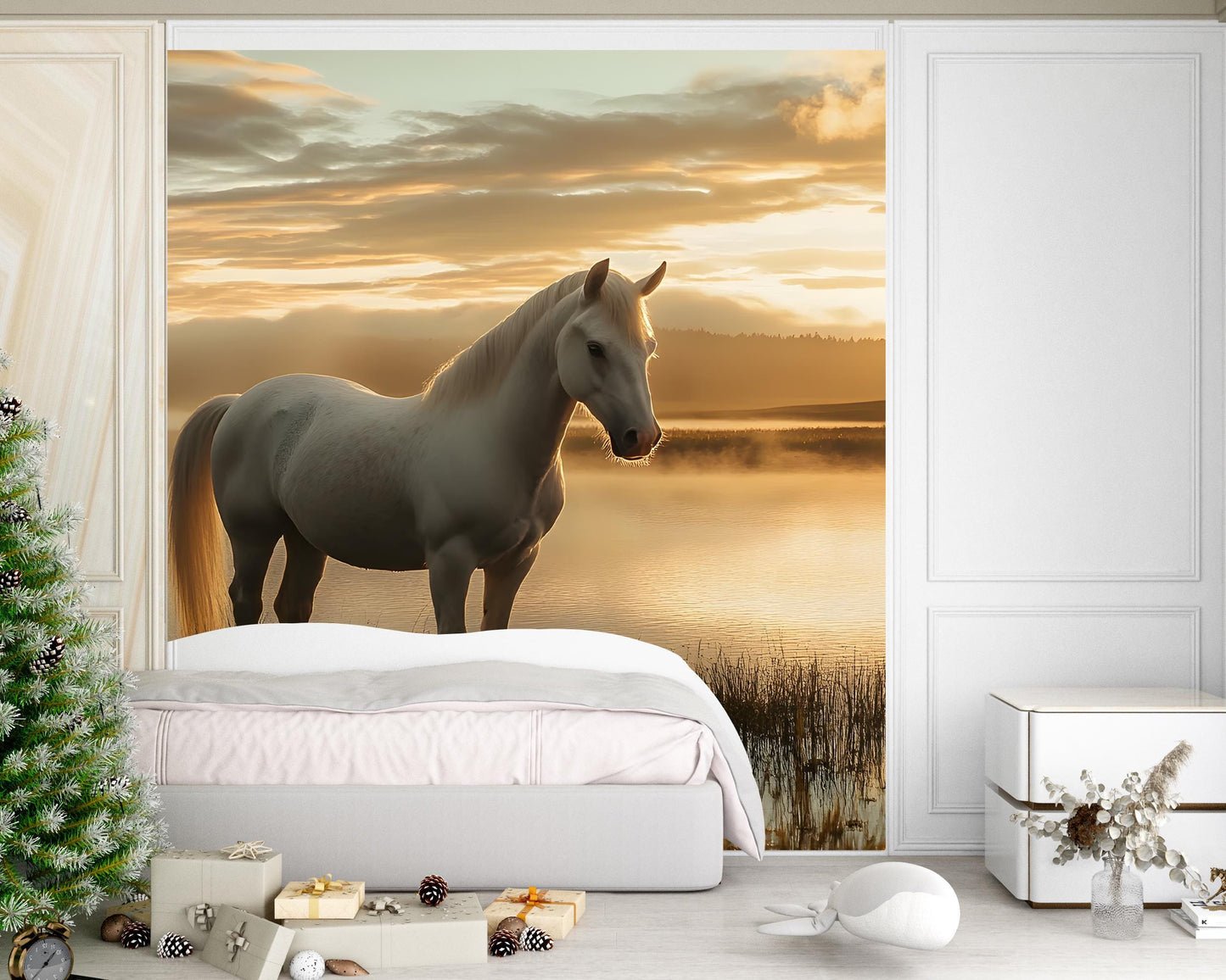 White Horse Sunrise Wall Mural – Peaceful Nature Lake Scene | Horse Lover Bedroom Decor Vn024