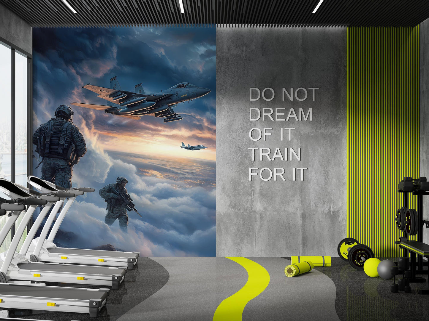 Military Gym Wall Art | Fighter Jet & Soldier Mural | Tactical Motivation Poster | Home Gym Decor | Warplane Canvas Print Vn103