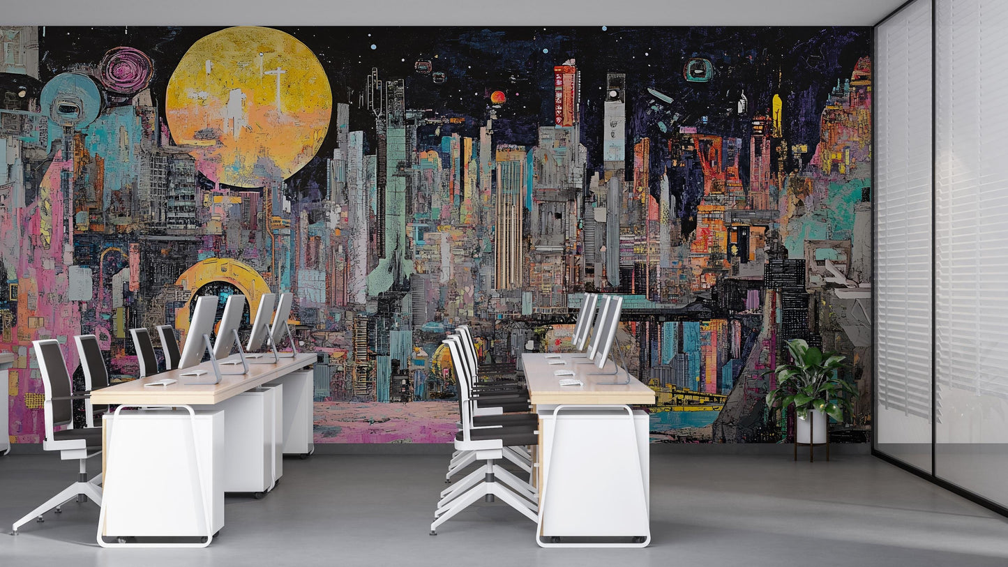 Futuristic Cyberpunk Cityscape Wall Mural for Modern Office Decor Vn202