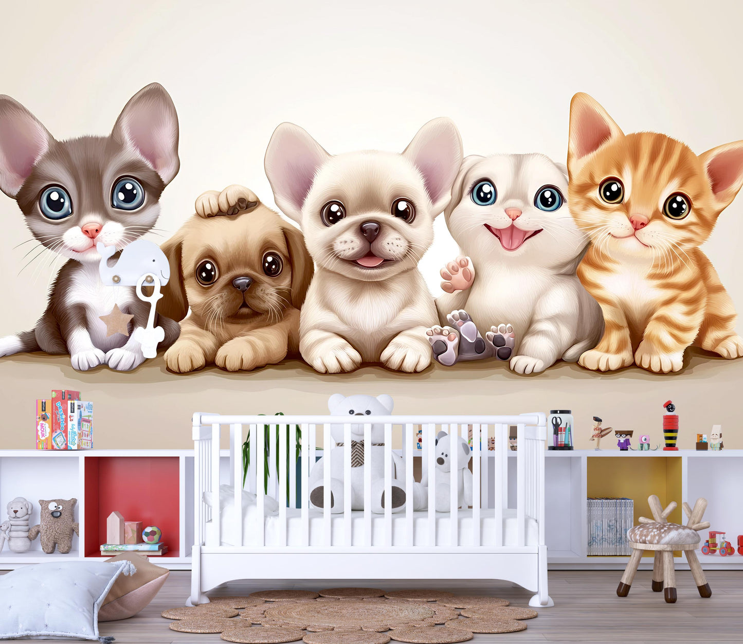 Adorable Puppy and Kitten Wall Art – Cute Animal Mural for Nursery or Kids Room Decor Vn321