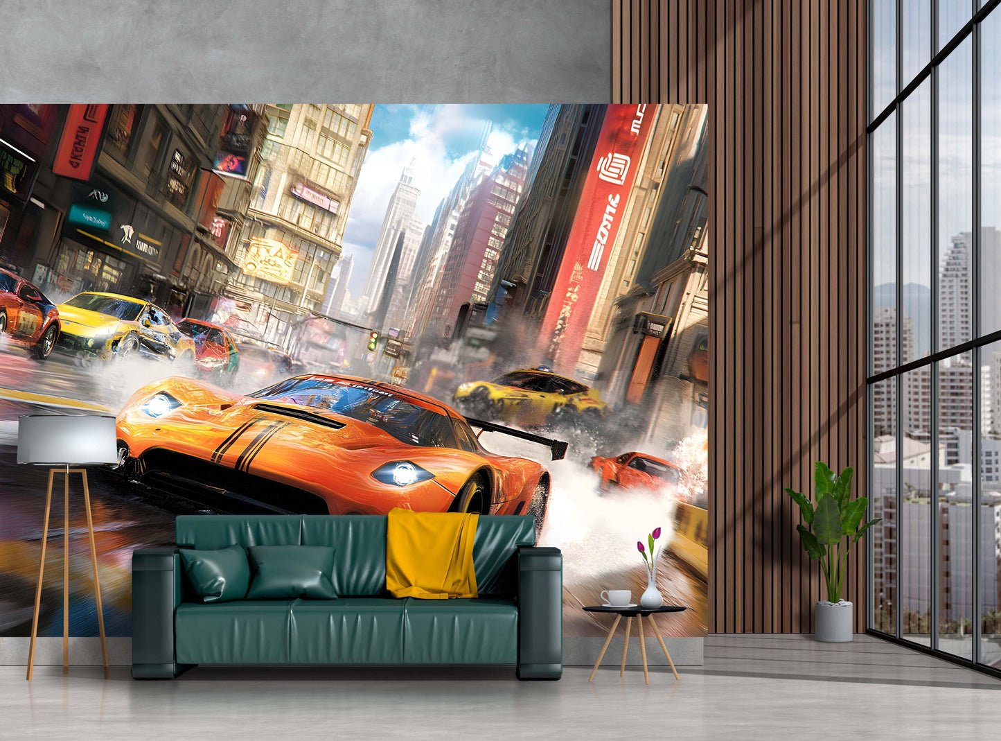 Racing Car Wall Mural – Urban Street Race Scene, Sports Car Wallpaper, Boys Room Decor, Gamer Wall Art Vn049