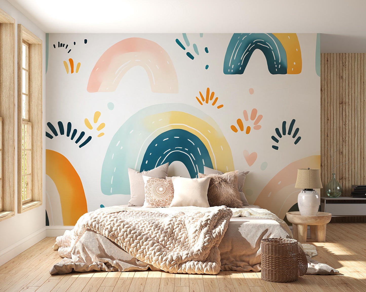 Boho Rainbow Wall Mural for Kids Room | Modern Geometric Removable Wallpaper | Playroom Accent Wall Art Décor | Peel & Stick Vn394