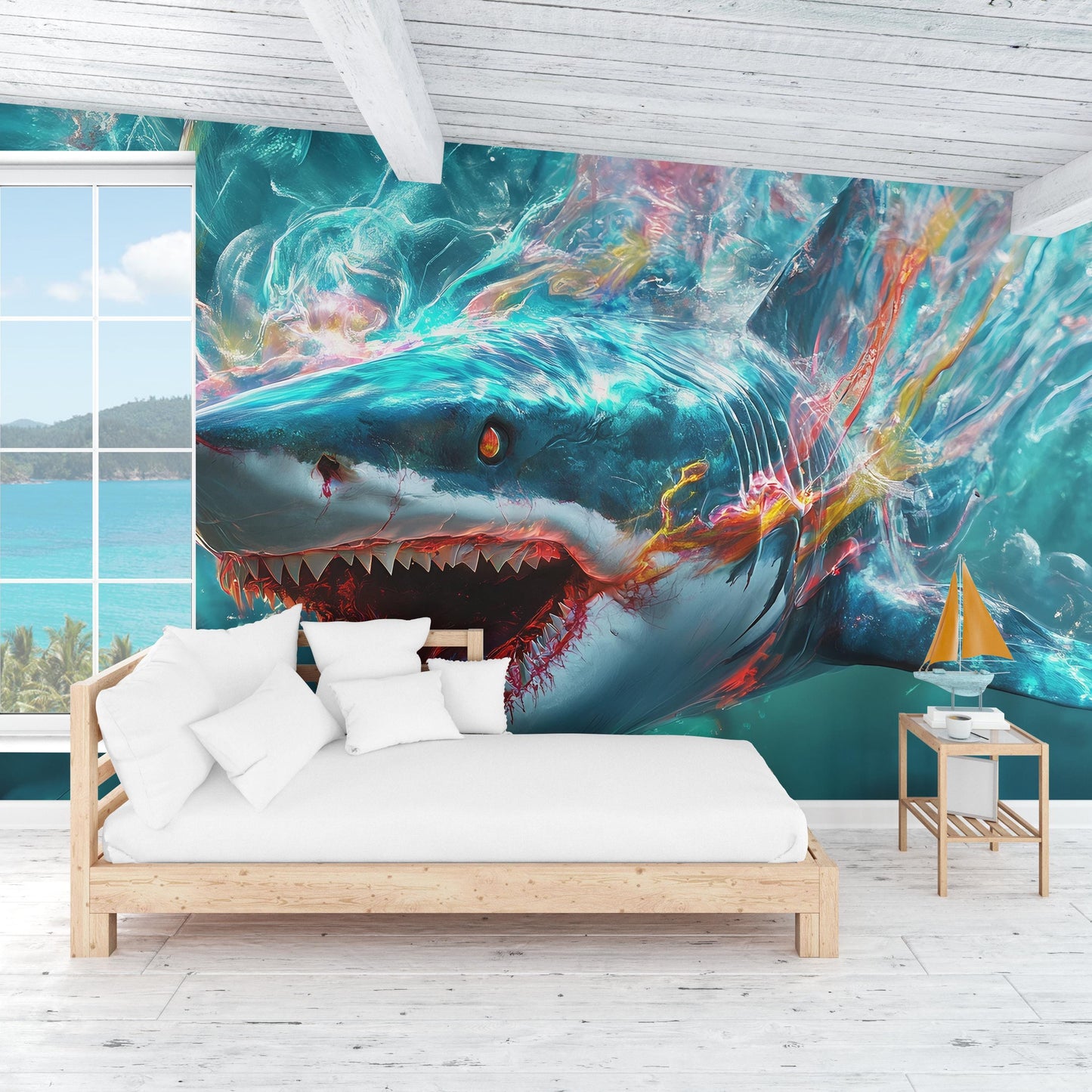 Fierce Shark Wall Mural – 3D Abstract Ocean Art Wallpaper for Living Room, Underwater Creature Decor, Bold Fantasy Wall Art  Vn384