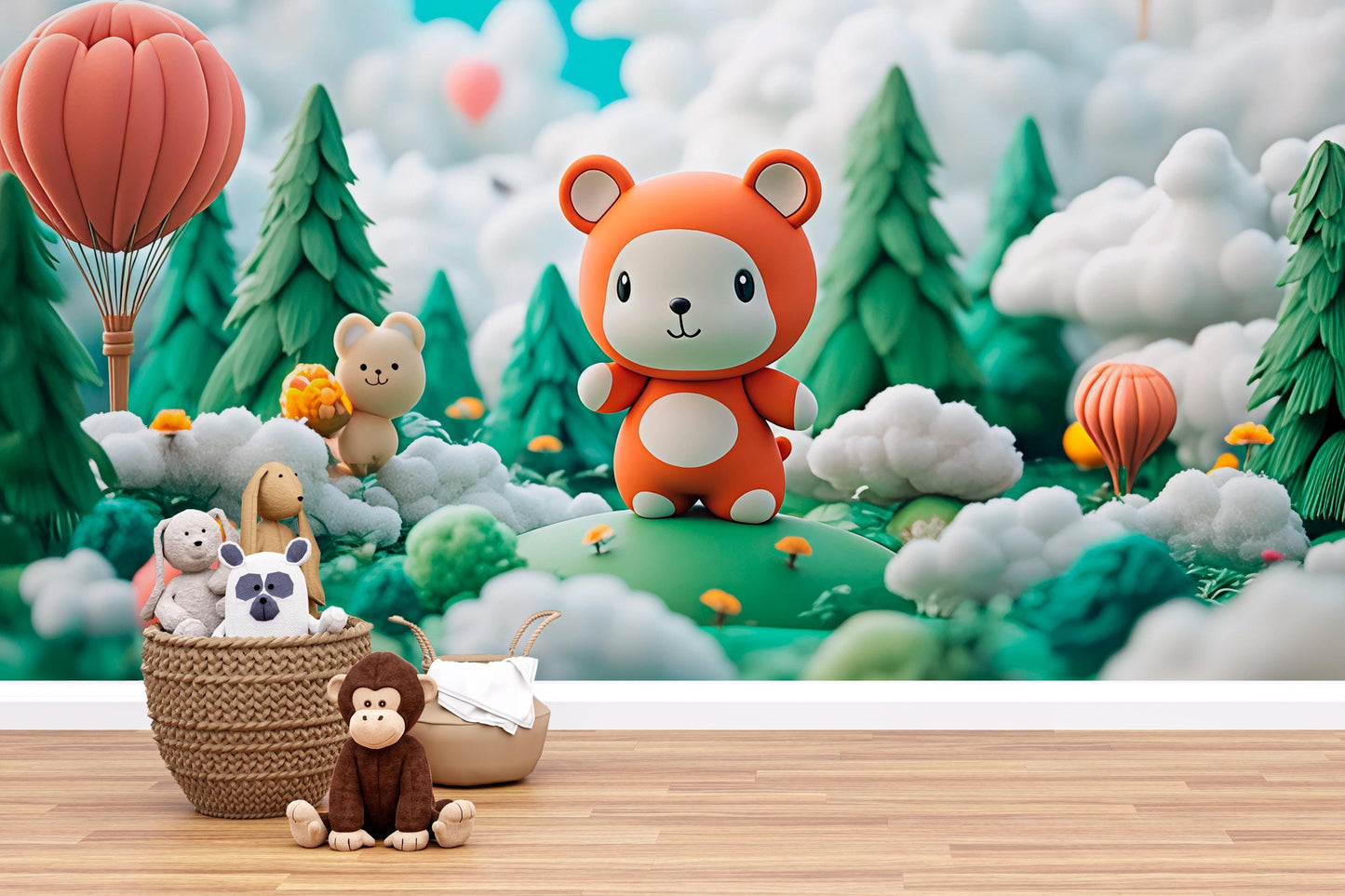 Whimsical Bear Wall Mural | Cute Animal Forest Kids Room Wallpaper | Playroom Nursery Decor Art | 3D Cartoon Bear Scene Vn428