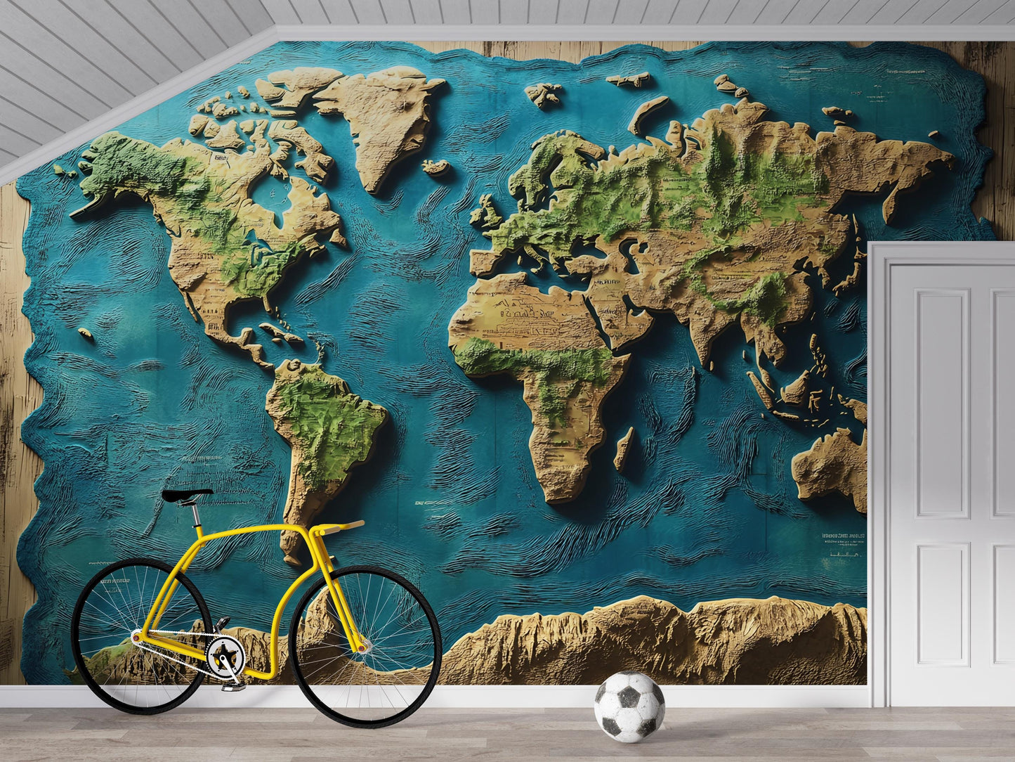3D World Map Wall Mural | Textured Earth Map Wallpaper | Rustic Travel Bedroom Decor | Large Topographic Map Art Vn421
