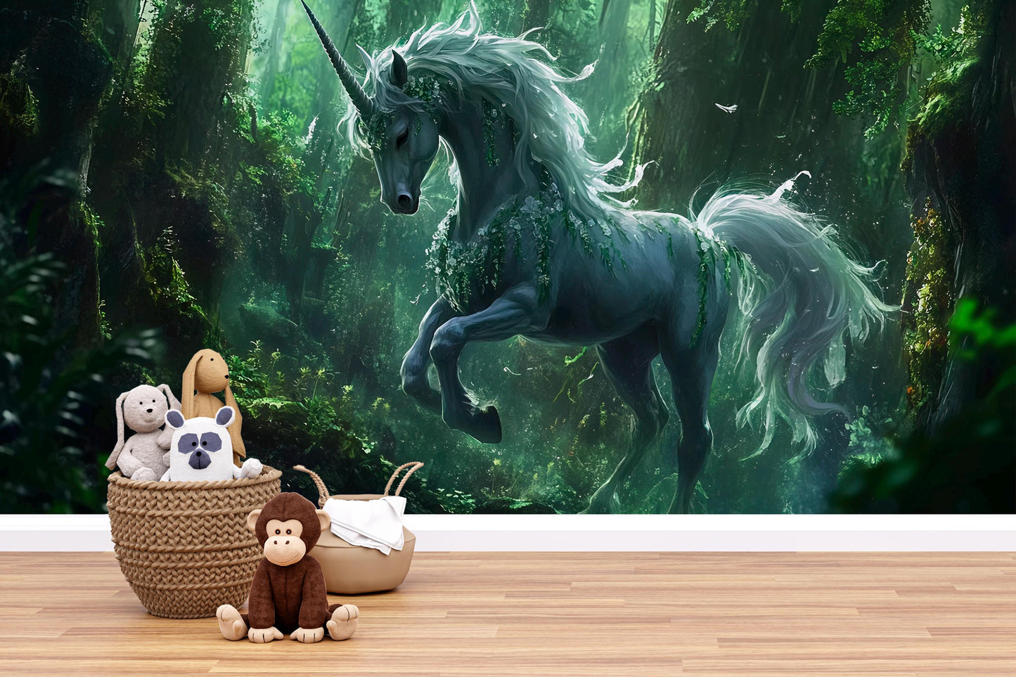 Magical Unicorn Forest Nursery Wall Mural – Fantasy Woodland Baby Room Decor, Fairy Tale Animal Wallpaper for Kids Vn 302