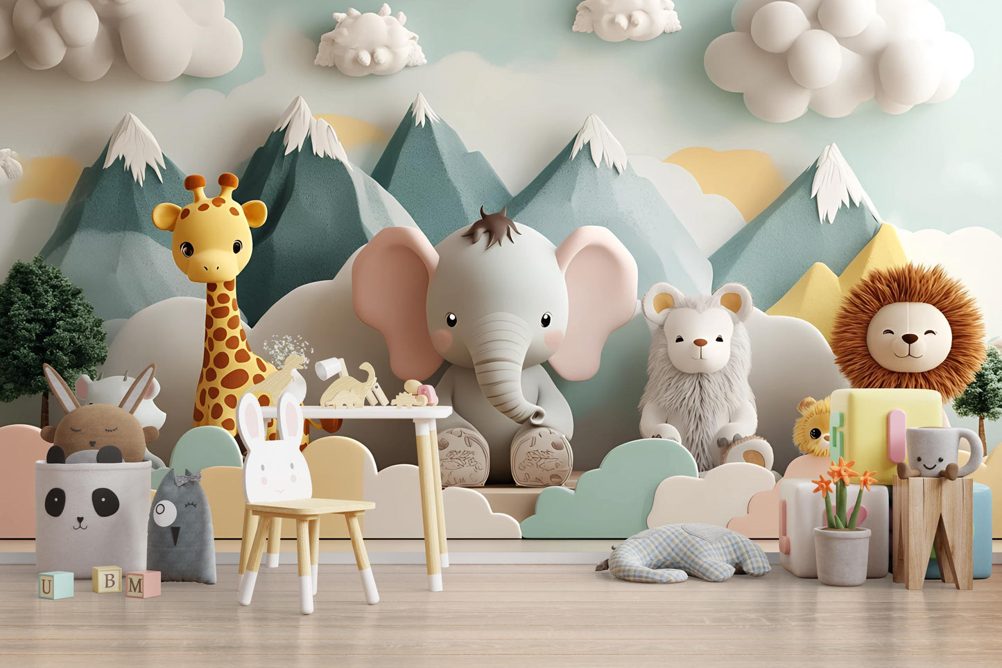 Whimsical Safari Animal Wall Mural for Kids Room – Elephant, Giraffe, Lion & More – 3D Style Nursery Wall Art Vn424