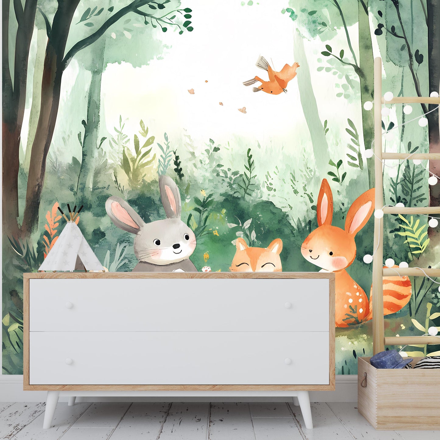Woodland Animals Nursery Wall Mural – Forest Bunny Fox Deer Wallpaper – Kids Room Decor – Whimsical Woodland Nursery Art Vn059