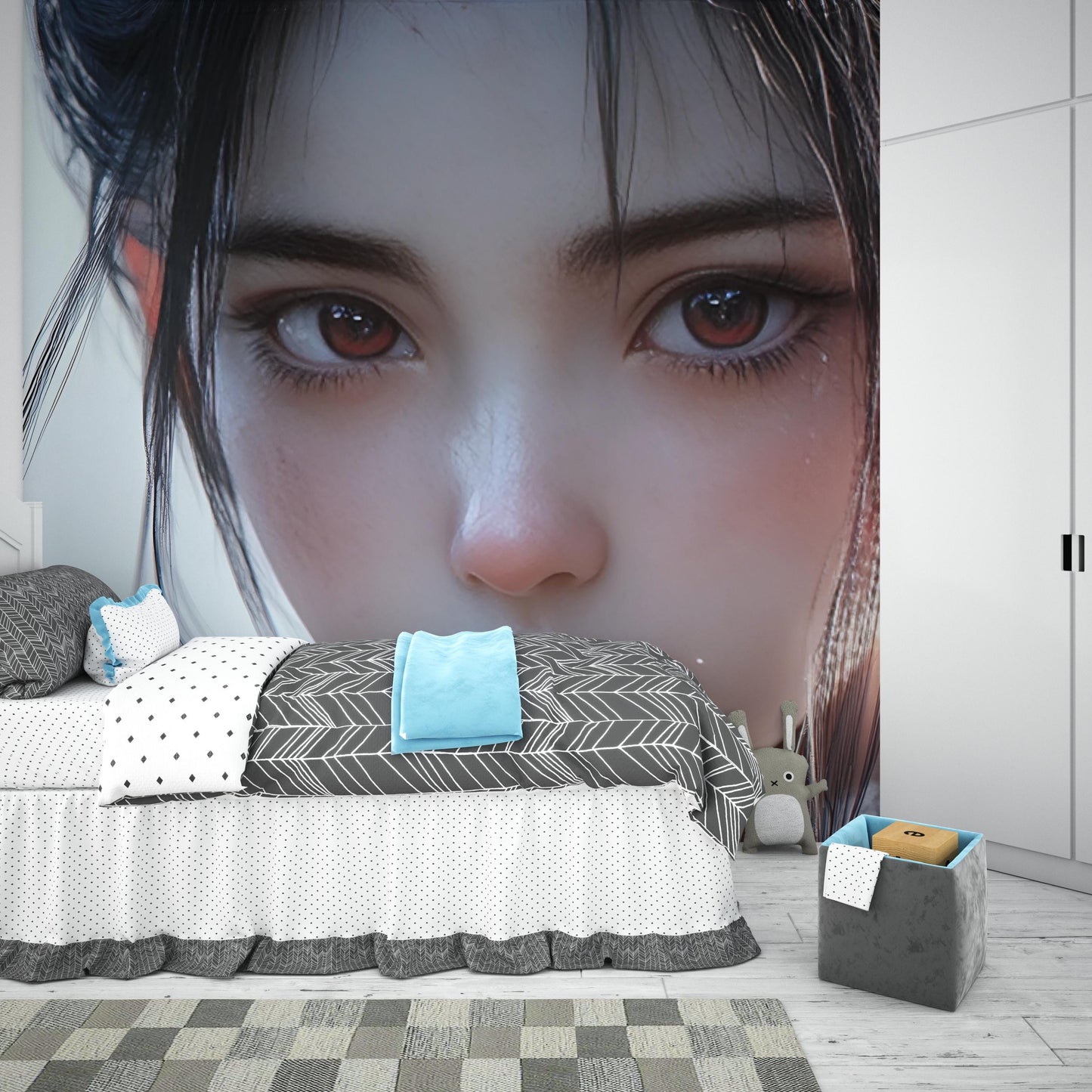 Anime Girl Wall Mural - Large Aesthetic Bedroom Art, 3D Fantasy Face Wallpaper, Modern Anime Home Decor Vn353