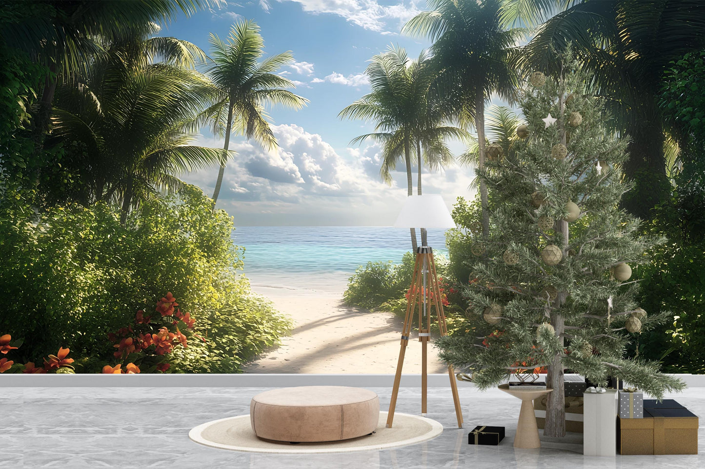 Tropical Beach Wall Mural | Ocean View Palm Tree Wallpaper | Coastal Jungle Scenic Removable Wall Art Vn291