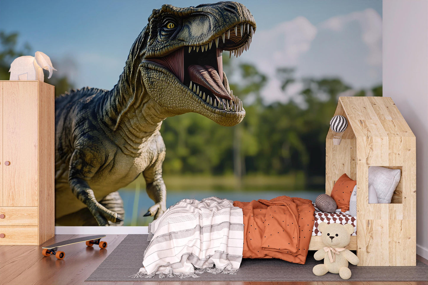 Dinosaur Wall Mural for Kids Room - T-Rex Jungle Scene - Realistic 3D Dino Wallpaper - Boys Bedroom Decor Vn410