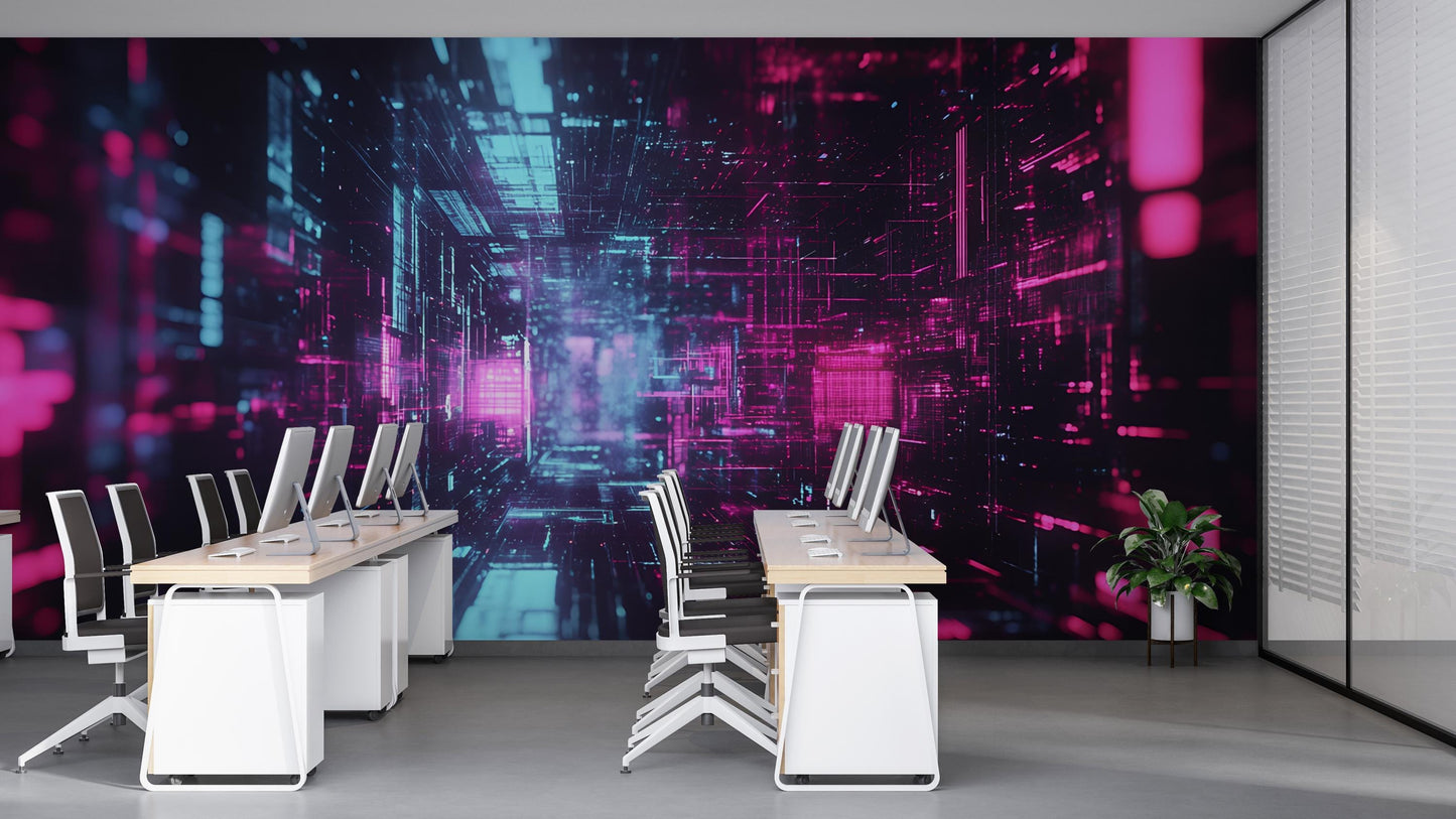 Futuristic Office Wall Mural – Cyberpunk Cityscape Digital Art Wallpaper Vn198