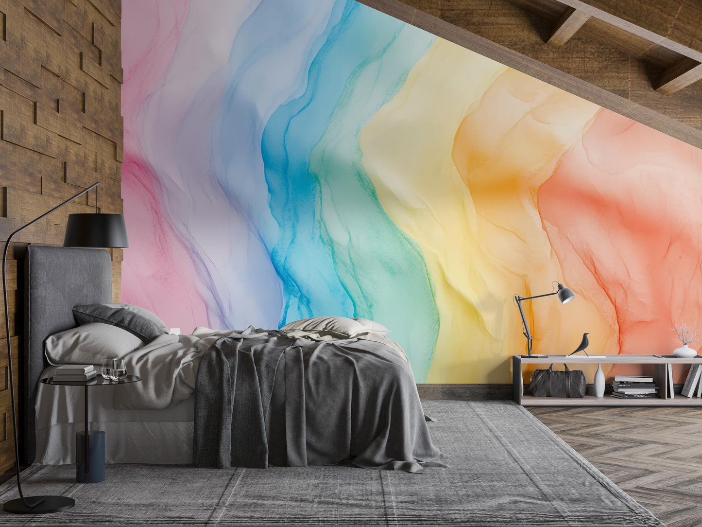 Rainbow Watercolor Wall Mural – Modern Abstract Gradient Wallpaper for Bedroom Accent Wall, Sloped Ceiling Design Art Vn398