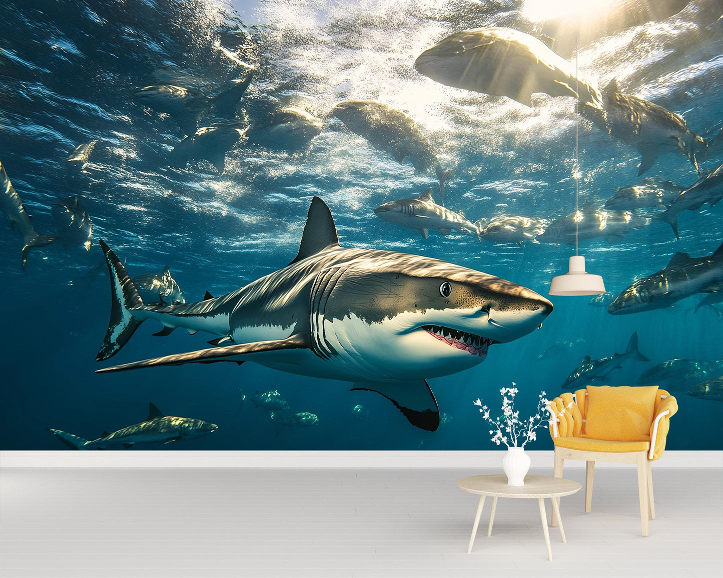 Shark Ocean Wall Mural | 3D Underwater Shark Wallpaper | Great White Shark Decor | Ocean Scene Wall Art | Sea Life Room Accent Vn388
