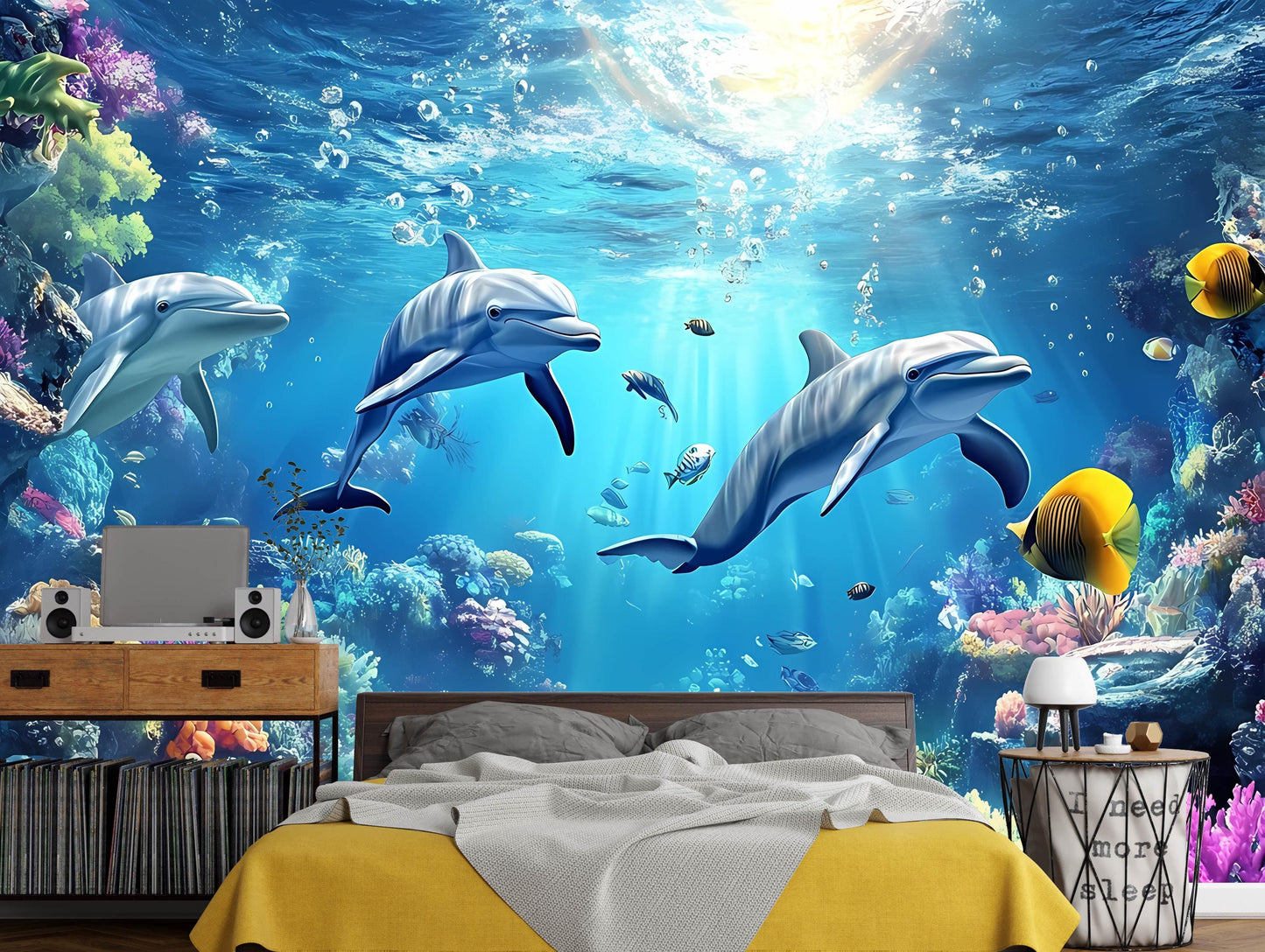 Underwater Ocean Dolphin Wall Mural – 3D Sea Life Wallpaper for Kids Bedroom or Beach House – Coral Reef Marine Theme Décor Vn011