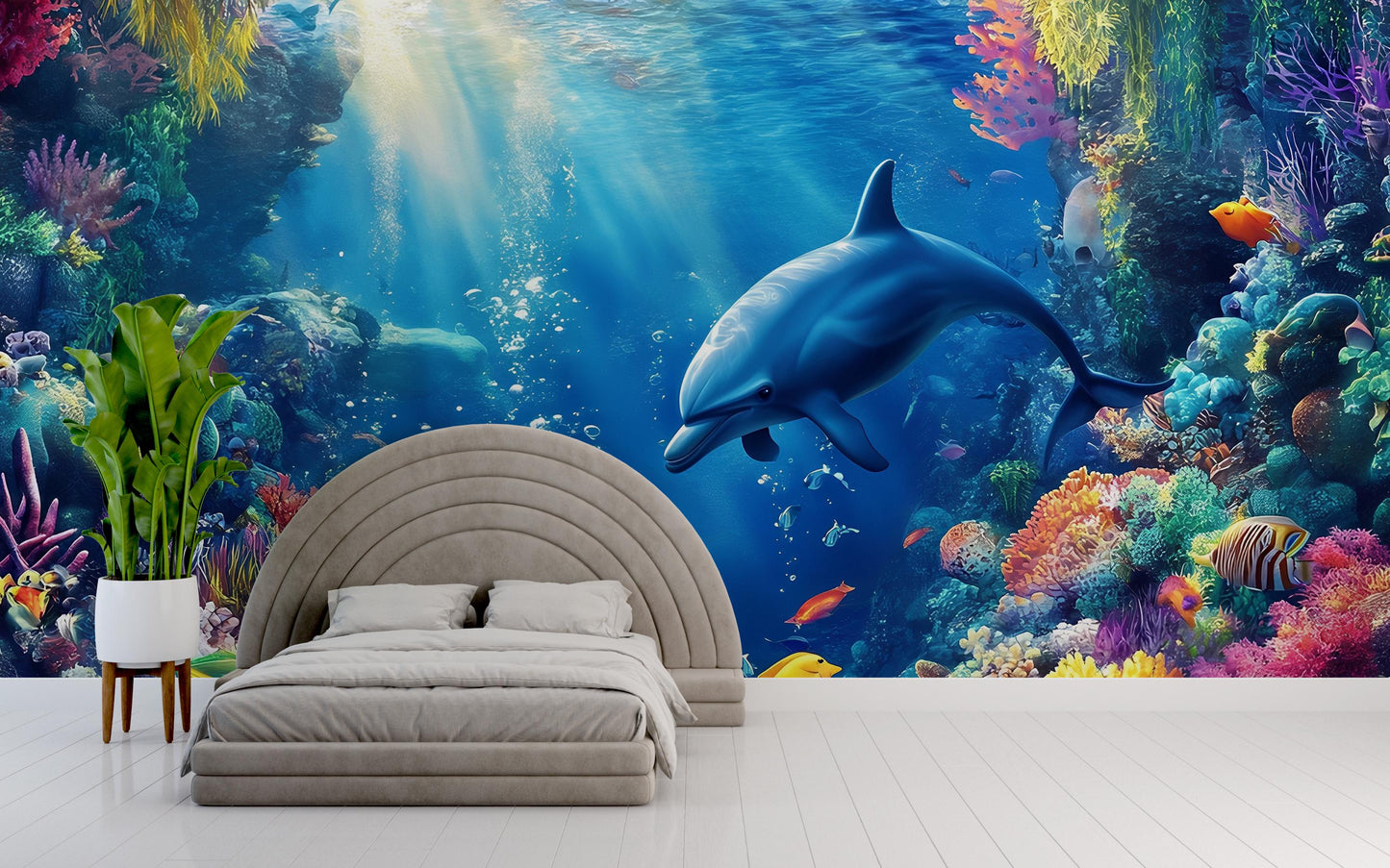 Underwater Ocean Wall Mural – Dolphin Coral Reef Wallpaper – 3D Sea Life Decor for Bedroom or Kids Room Vn253