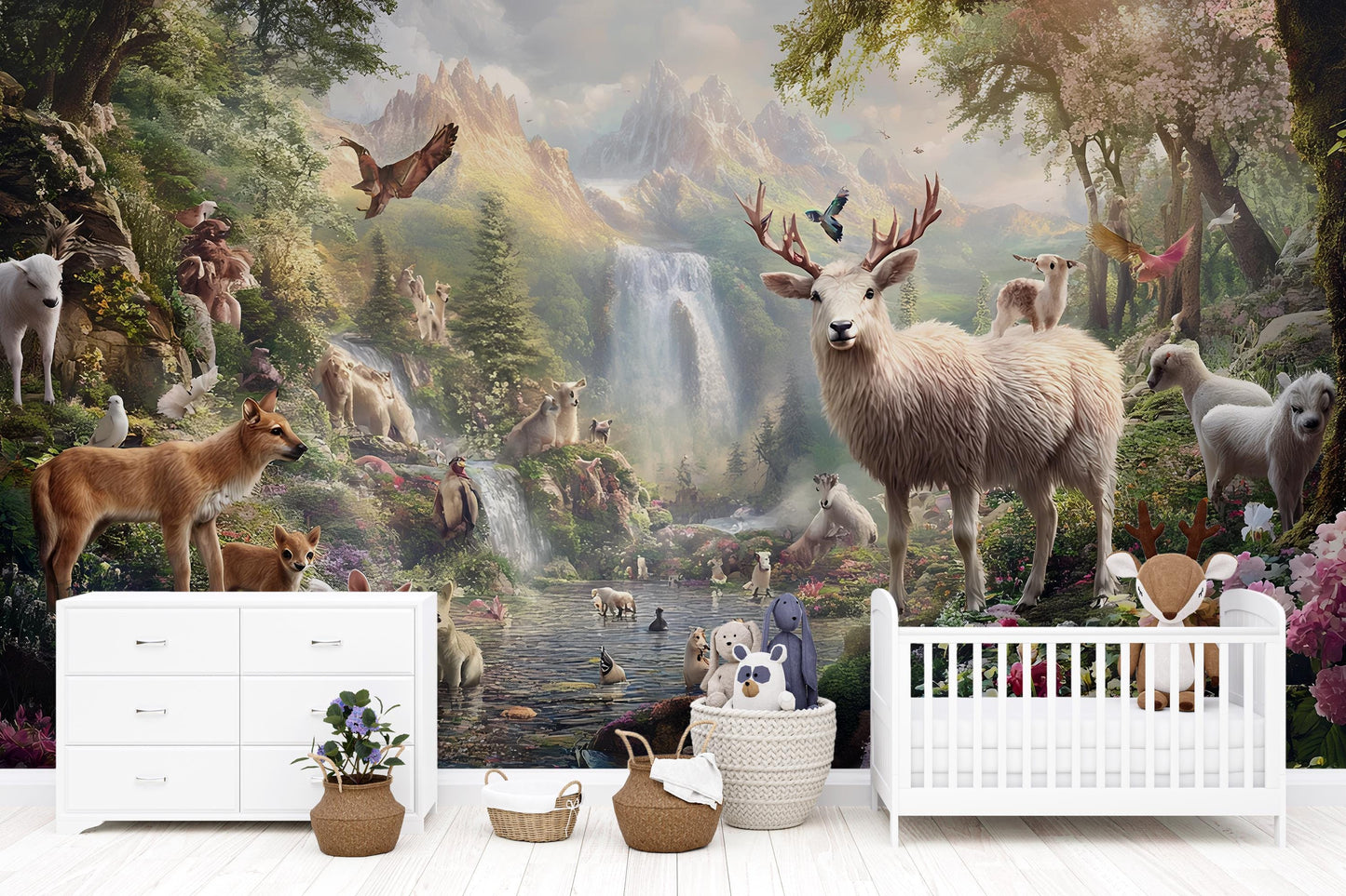 Whimsical Animal Forest Mural - Woodland Waterfall Nature Scene - Nursery Wall Art - Deer, Fox, Bird Fantasy Wallpaper Print Vn293