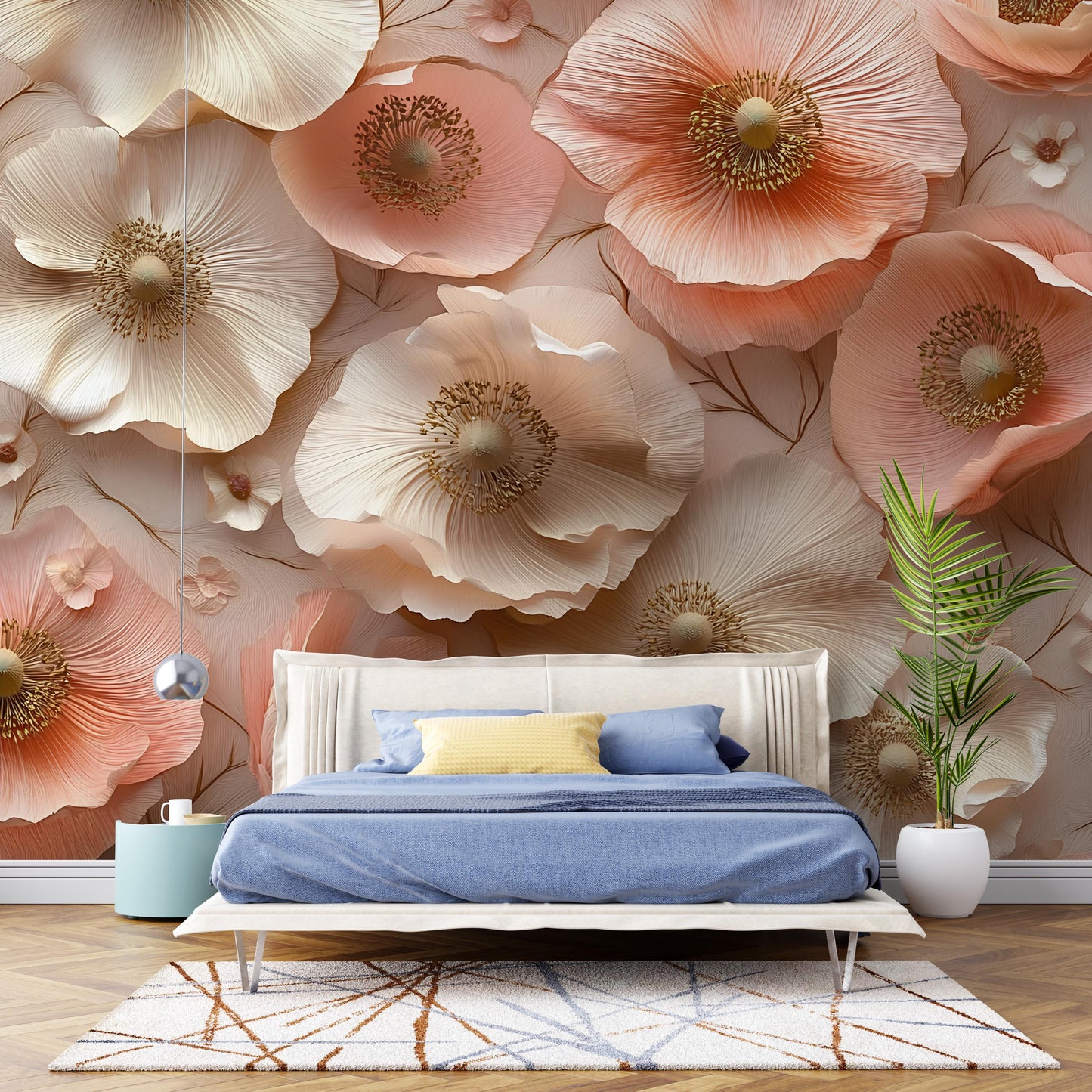 3D Floral Wall Mural for Bedroom – Peach Cream Poppy Flower Wallpaper – Elegant Large Flower Accent Wall Art Vn326