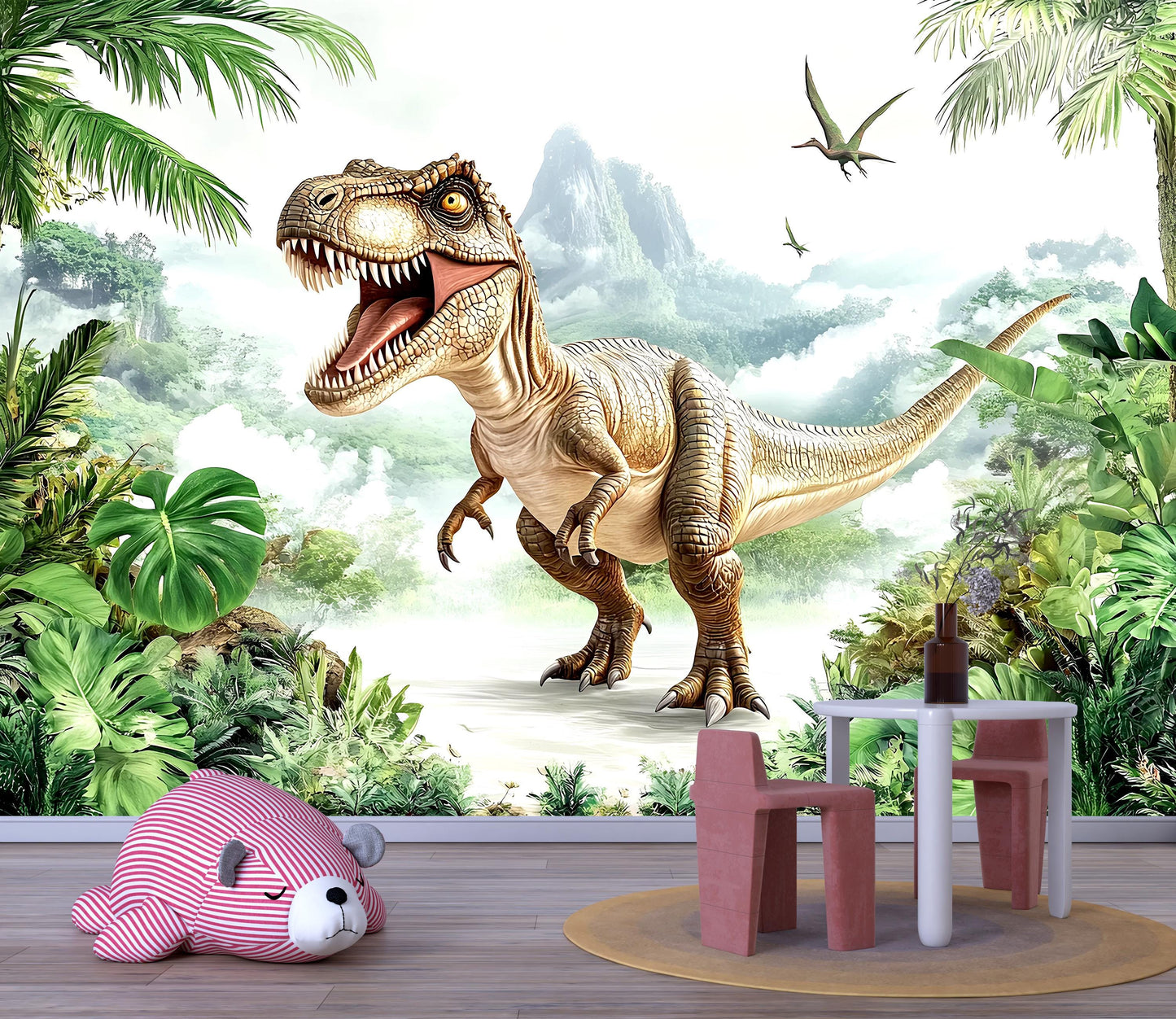 T-Rex Dinosaur Wall Mural for Kids Room – Jungle Prehistoric Wallpaper – Boys Nursery Dino Decor – Large Wall Art Poster Vn402
