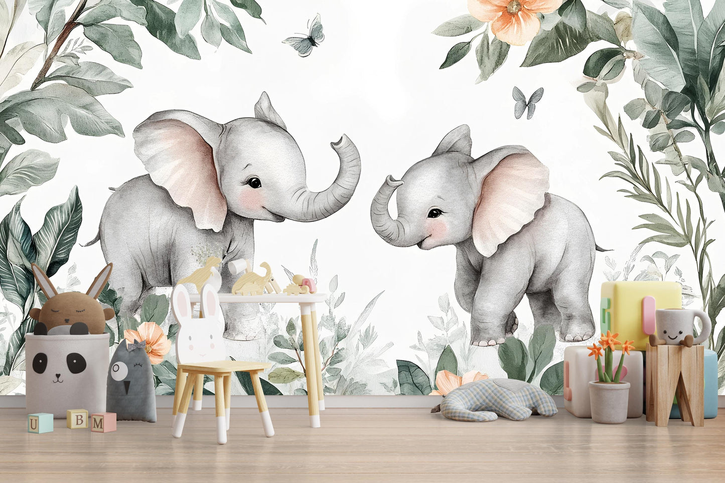 Baby Elephant Nursery Wall Mural - Jungle Safari Animal Wallpaper - Cute Kids Room Decor Vn276