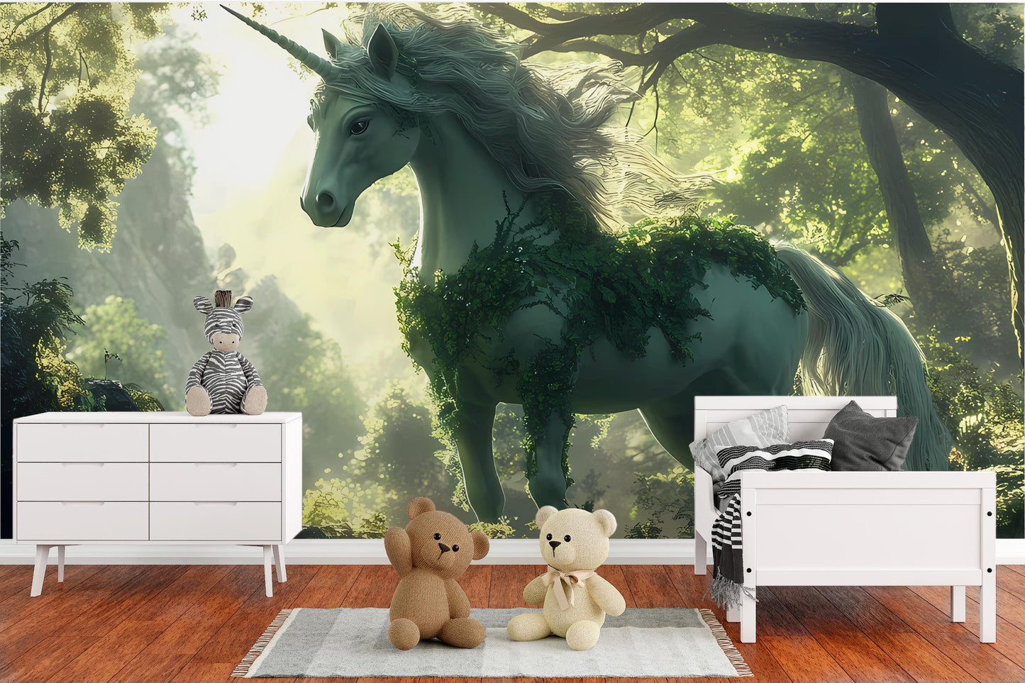 Magical Unicorn Forest Wall Mural for Kids Room | Enchanted Fantasy Horse Wallpaper | Whimsical Nursery Decor Vn025