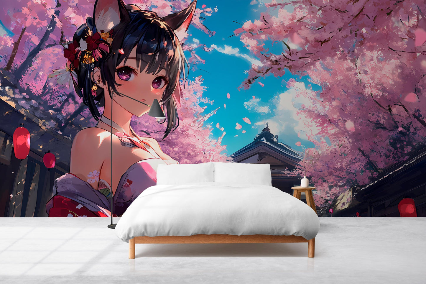 Anime Fox Girl Wall Mural – Cherry Blossom Bedroom Tapestry – Japanese Aesthetic Otaku Decor – Sakura Art Poster Vn030