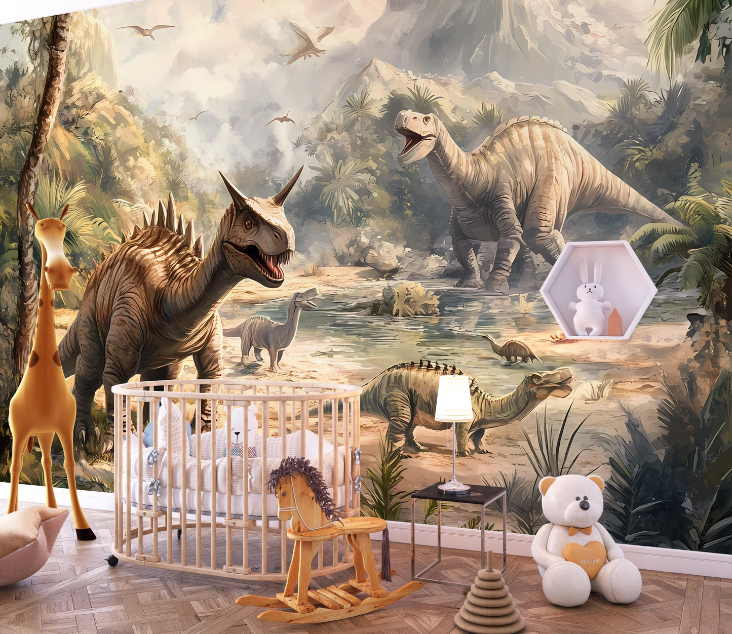 Dinosaur Nursery Wall Mural – Prehistoric Jungle Theme for Baby Room, Boys or Girls Dino Wallpaper Decor Vn006