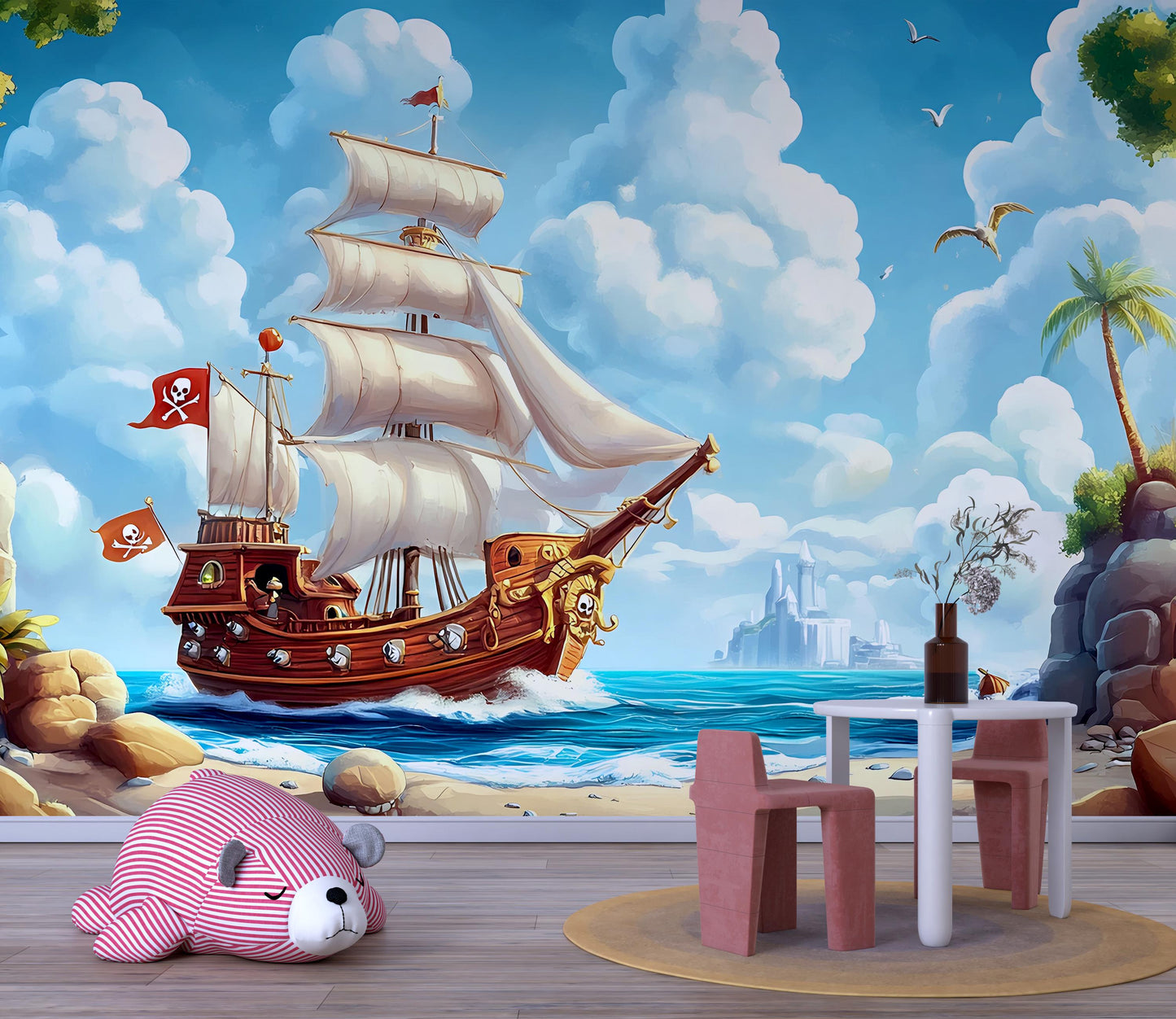 Pirate Ship Kids Wall Mural – Nautical Ocean Adventure Wallpaper for Nursery or Playroom – Cartoon Pirate Decor Vn 311