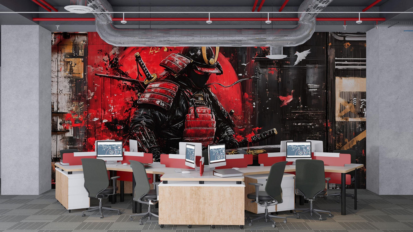 Modern Samurai Wall Mural - Bold Japanese Warrior Art for Office Decor | Red and Black Street Art Style Samurai Canvas Vn201