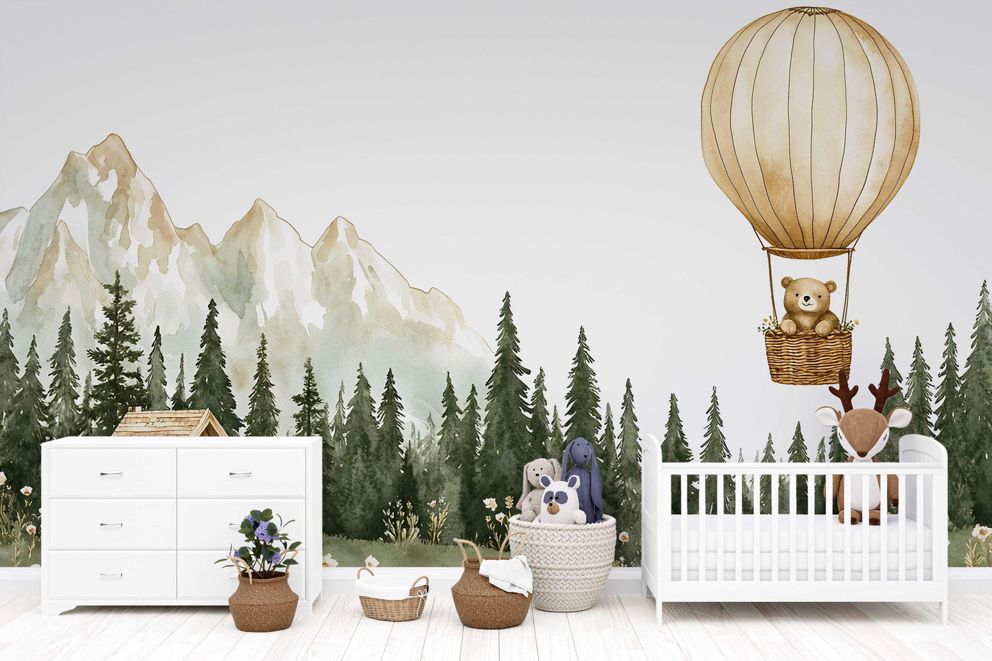 Whimsical Forest Nursery Wall Mural – Hot Air Balloon Bear, Cabin & Mountains – Kids Room Wallpaper, Woodland Baby Room Decor Vn448