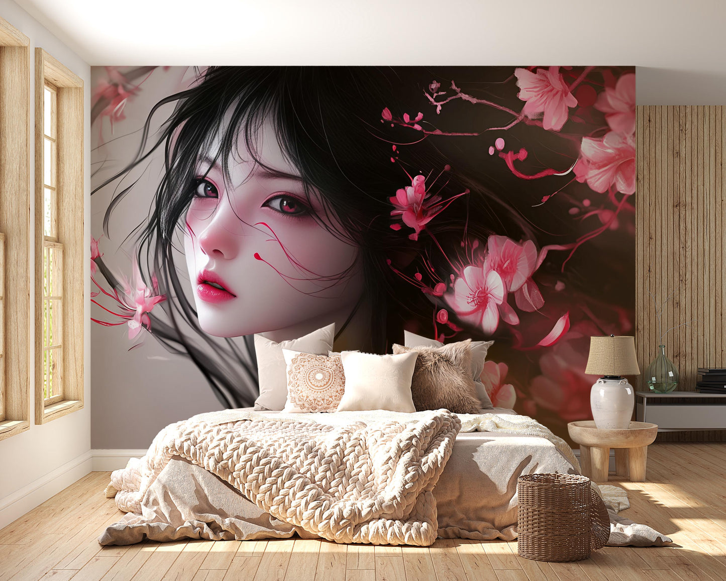 Anime Wall Art Girl with Flowers | Japanese Aesthetic Mural | Cherry Blossom Decor | Bedroom Accent Wallpaper Vn354