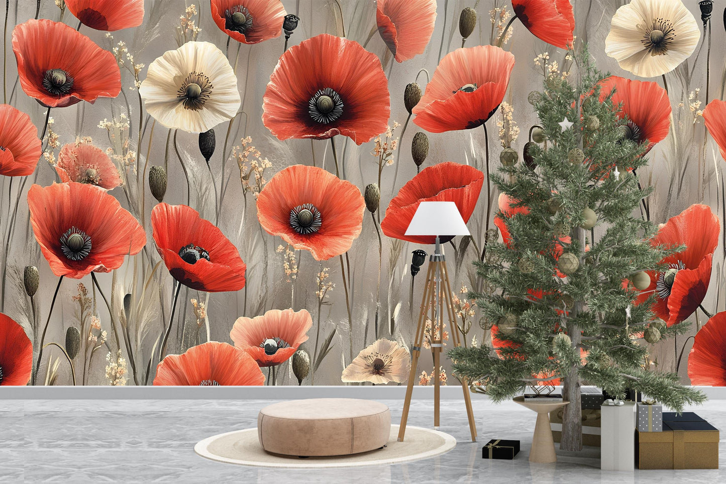 Poppy Flower Wall Mural – Red & Beige Floral Wallpaper – Modern Botanical Wall Art Vn328