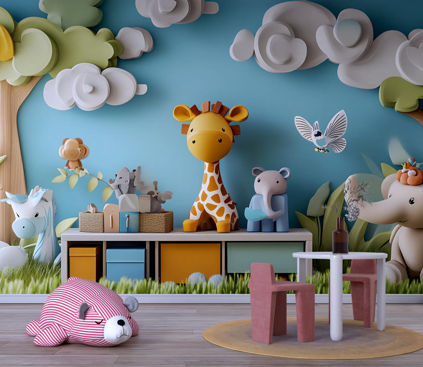 Whimsical Jungle Safari Wall Art for Kids Room – Giraffe, Elephant & Animal Nursery Decor | 3D Jungle Playroom Wall Mural Vn322
