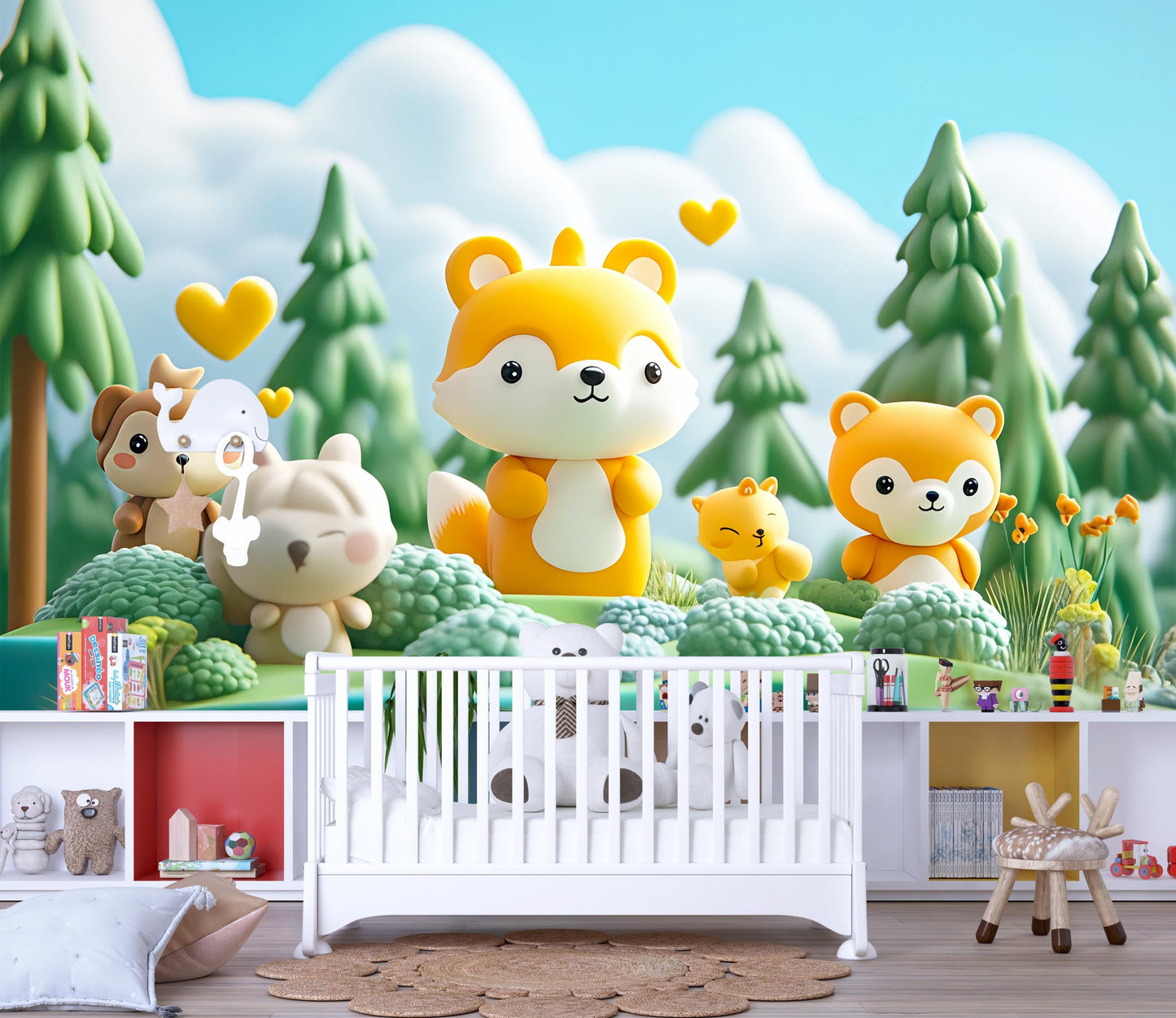 Cute Woodland Animal Nursery Wall Art – Forest Fox & Bear Mural – Baby Room Decor – Gender Neutral Nursery Printable Vn433