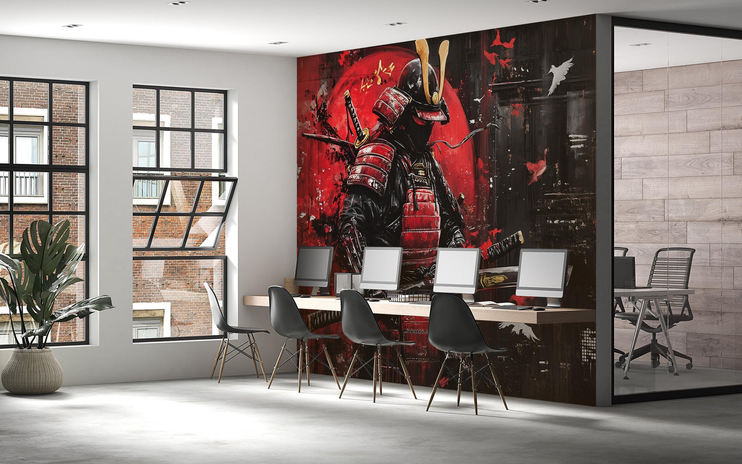 Modern Samurai Wall Mural - Bold Japanese Warrior Art for Office Decor | Red and Black Street Art Style Samurai Canvas Vn201