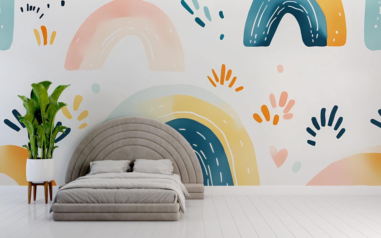 Boho Rainbow Wall Mural for Kids Room | Modern Geometric Removable Wallpaper | Playroom Accent Wall Art Décor | Peel & Stick Vn394