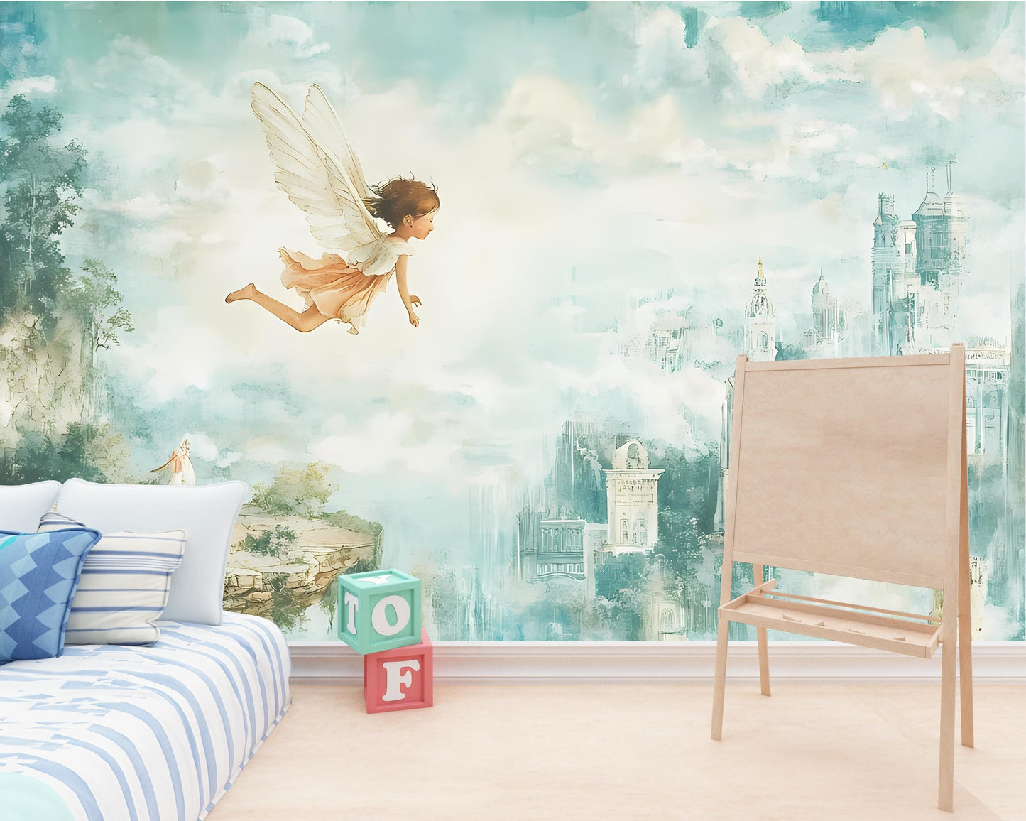 Whimsical Fairy Wall Mural for Kids Room – Flying Fairy & Fantasy Castle Wallpaper Vn100