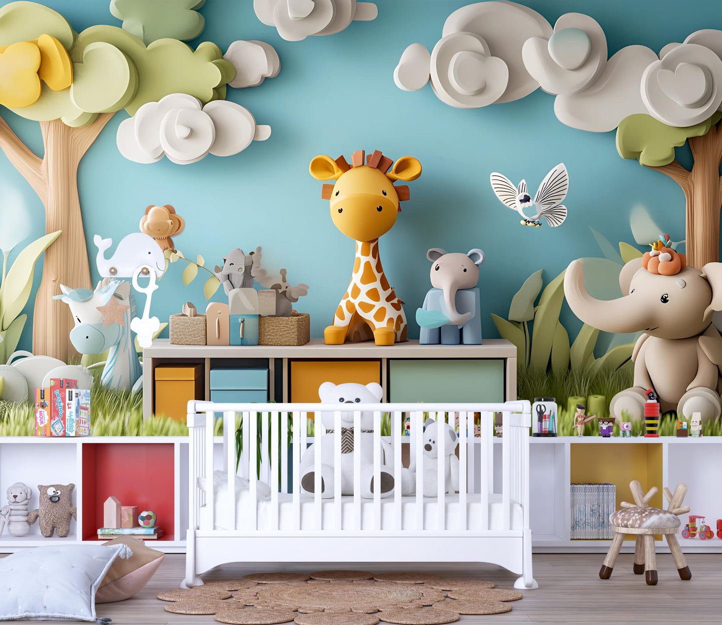Whimsical Jungle Safari Wall Art for Kids Room – Giraffe, Elephant & Animal Nursery Decor | 3D Jungle Playroom Wall Mural Vn322