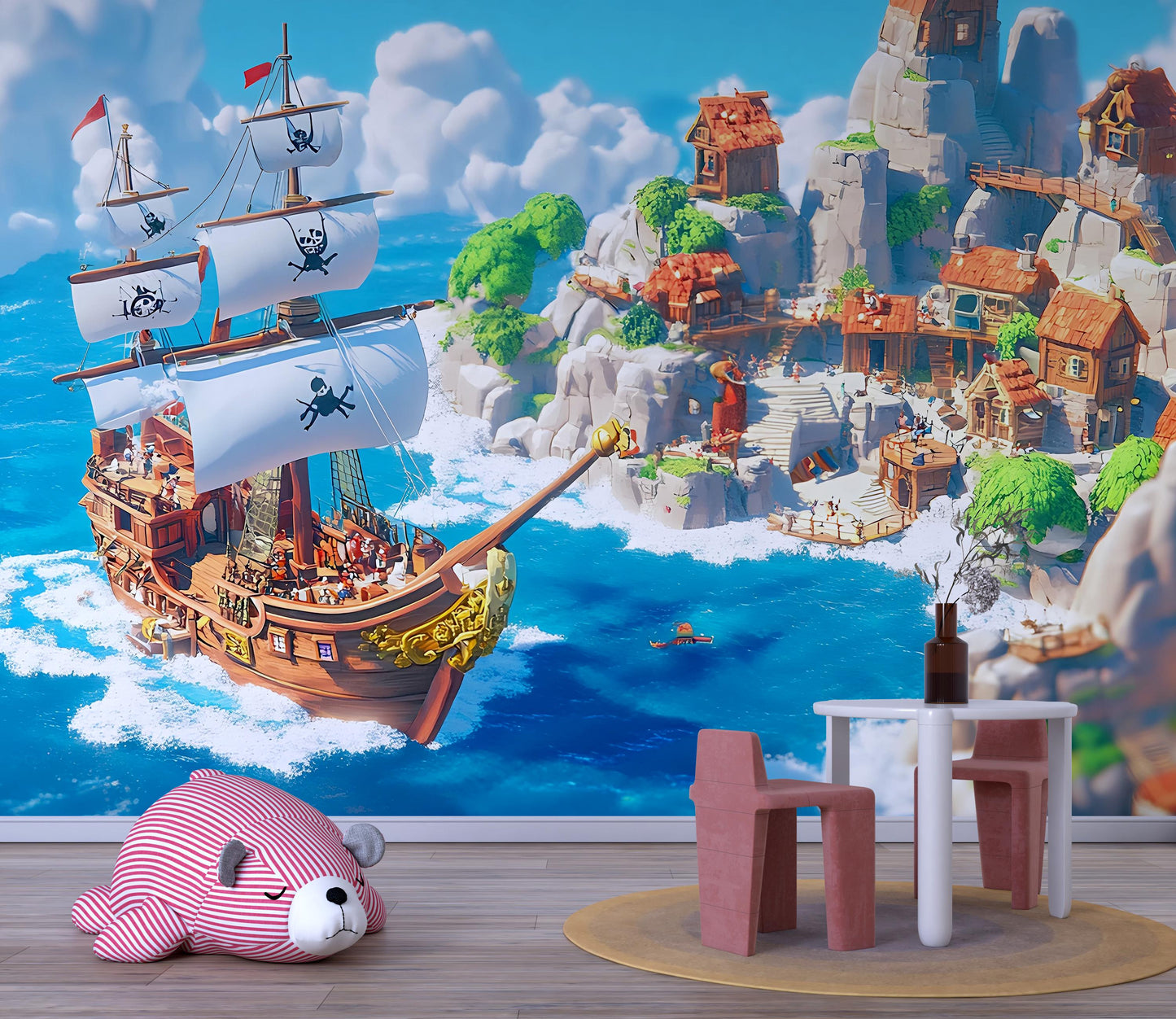 Pirate Ship Adventure Wall Mural | Kids Room Ocean Wallpaper | Nautical Pirate Theme Playroom Decor | Fantasy Island Wall Art Vn 308